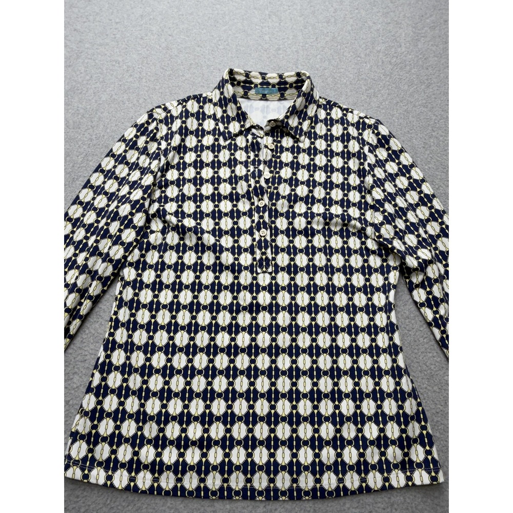 J McLaughlin Shirt Womens Medium Blue Geometric Print Long Sleeve Jersey Polo - Picture 5 of 13
